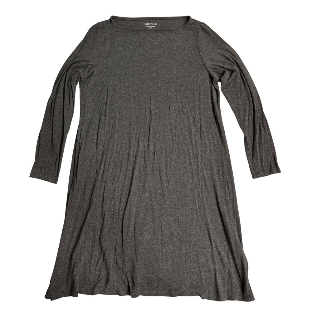 Eileen Fisher Petite Long Sleeve Boat Neck Knit‎ Dress Charcoal Gray PL